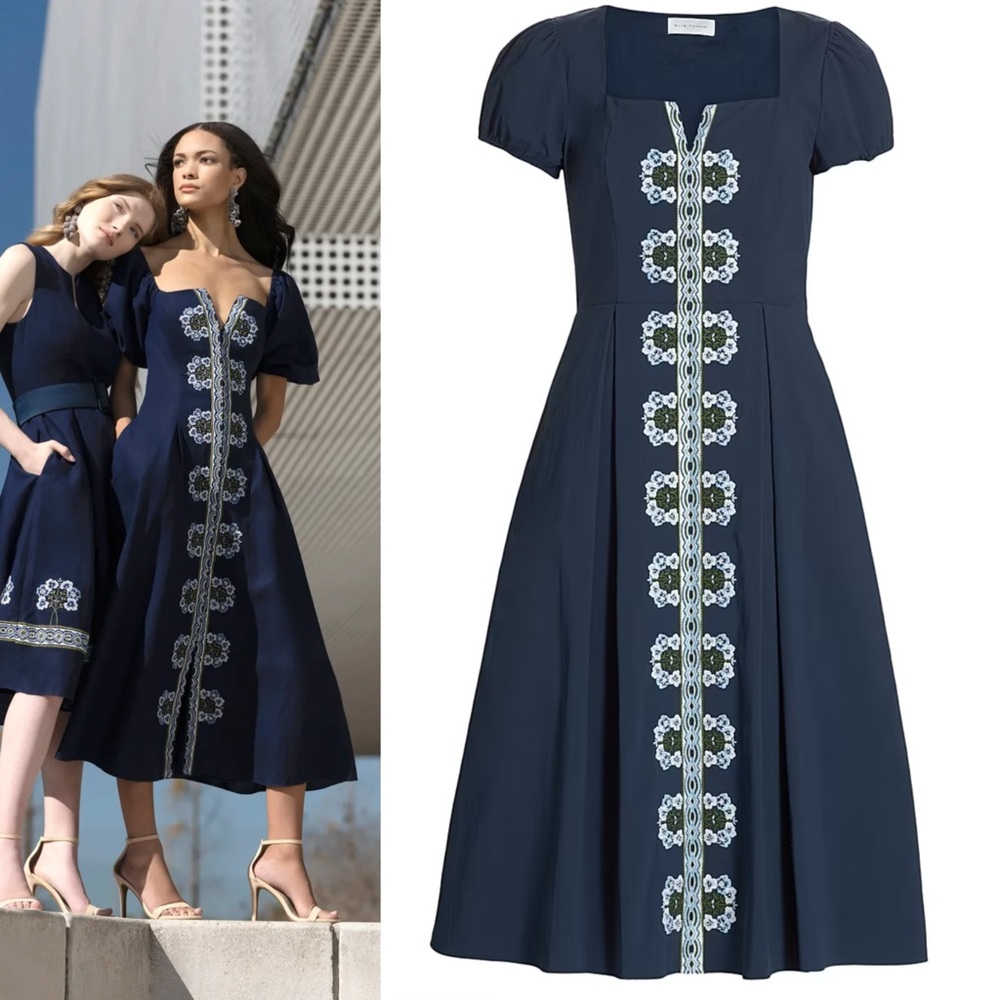 ELIE TAHARI The Faye Pleated Floral-Embroidered Midi Dress